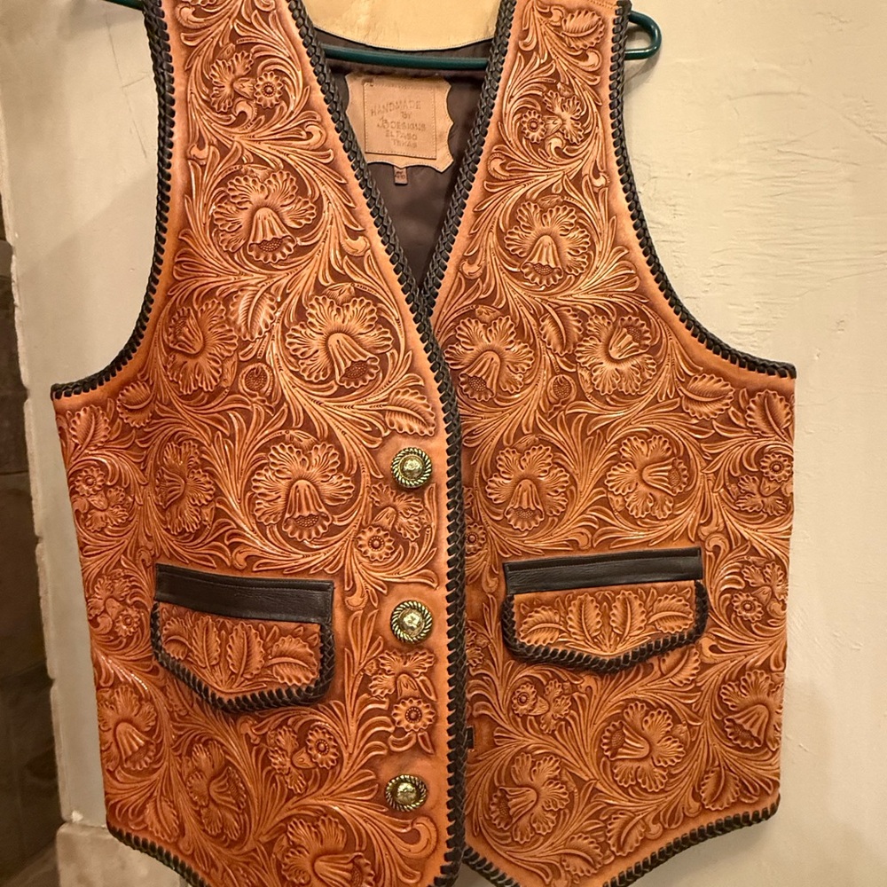 JB Designs (El Paso, TX) fully hand-tooled, leather-laced Brown Leather Vest